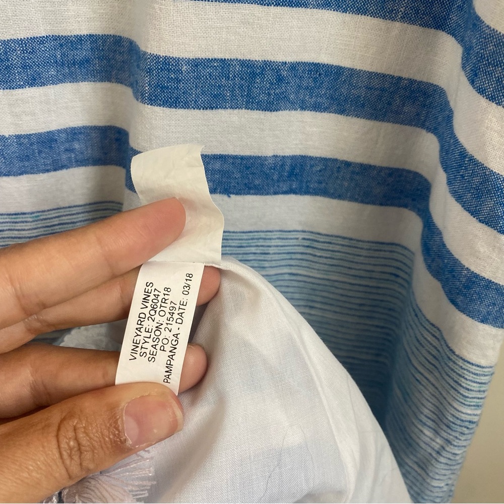 Vineyard Vines | Linen Dress Blue and White Stripes Size 2 Fringe Hem - Picture 7 of 7